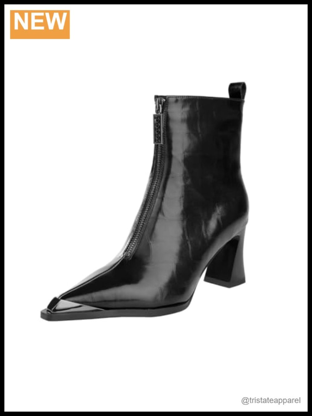 Womens Ankle Boots Chunky Low Heel Patent Leather Metal Pointed Toe Front Zipper
